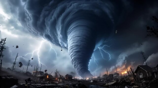 A powerful tornado tearing through a town with lightning strikes and destruction, showcasing nature&rsquo;s raw force.
