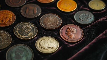 Close-up of various antique bronze medals, showcasing intricate details and diverse imagery. Rich, dark tones create a luxurious feel.