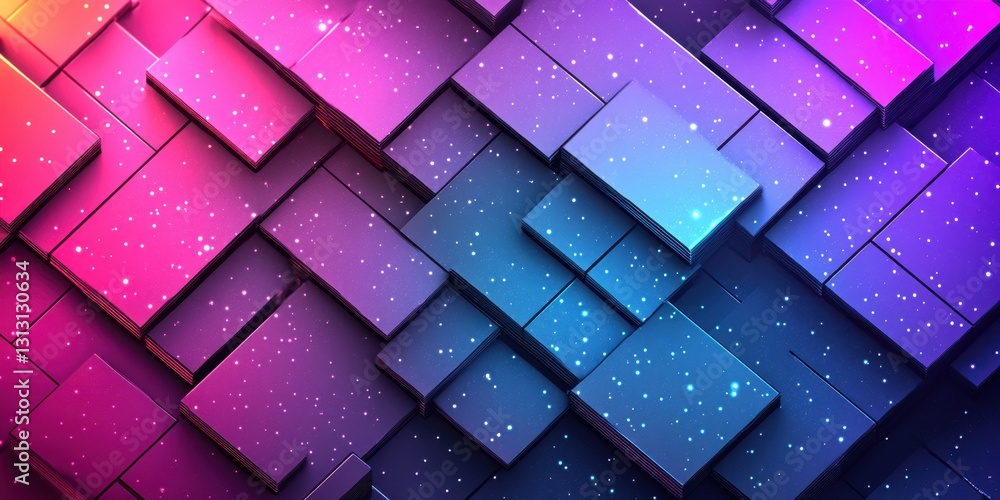 Poster vibrant abstract geometric pattern with multicolored blocks and glowing effects on a dark background