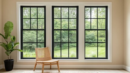 Fototapeta premium Modern black windows overlooking a garden, interior design, spacious room