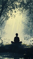 Obraz premium A person meditating peacefully beneath the forest sunlight
