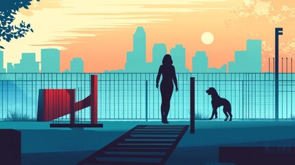 Obraz premium Modern vector illustration of outdoor pet training facility, woman silhouette guiding dog, geometric obstacle course elements, city park environment, clean flat design, professional training
