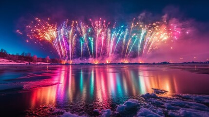 Fototapeta premium Vibrant fireworks explode over a frozen lake, reflecting in the still water. A magical winter night.