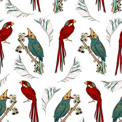 Vintage-inspired seamless bird illustration with floral details. Exotic bird print with detailed botanical accents on a light background