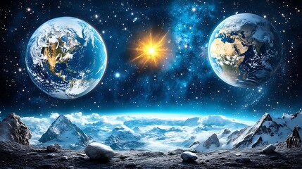 Two Earths Orbiting A Bright Star With Snowy Mountains Below