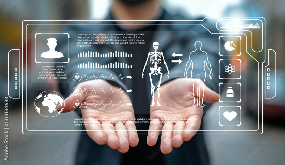 Poster futuristic interface displaying human anatomy, health data, and technology concepts in a digital for