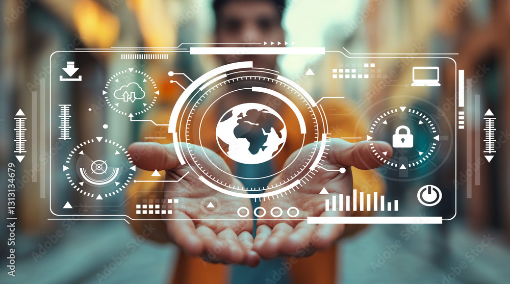 Poster hands of a person presenting futuristic technology interface with global symbols and data overlays i