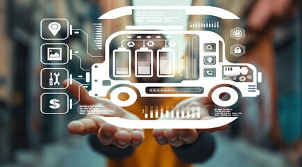 Hands Holding Conceptual Digital Food Truck with Interactive Icons and Technology Symbols in Urban Setting for Business Innovation and Delivery Solutions