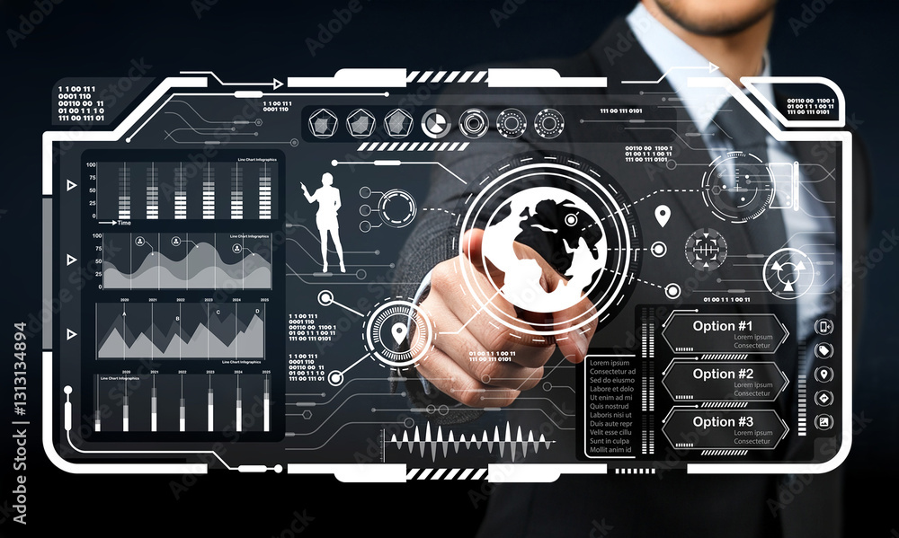 Poster business professional interacting with futuristic touch screen display showcasing data visualization