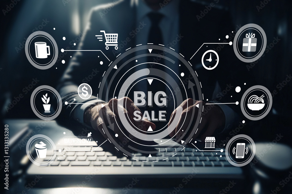 Poster business executive analyzing data for big sale strategy with modern technology in office setting and