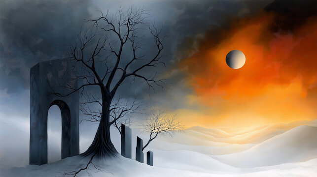 A surreal and haunting painting of a desolate and forgotten world, overgrown with vines and vegetation