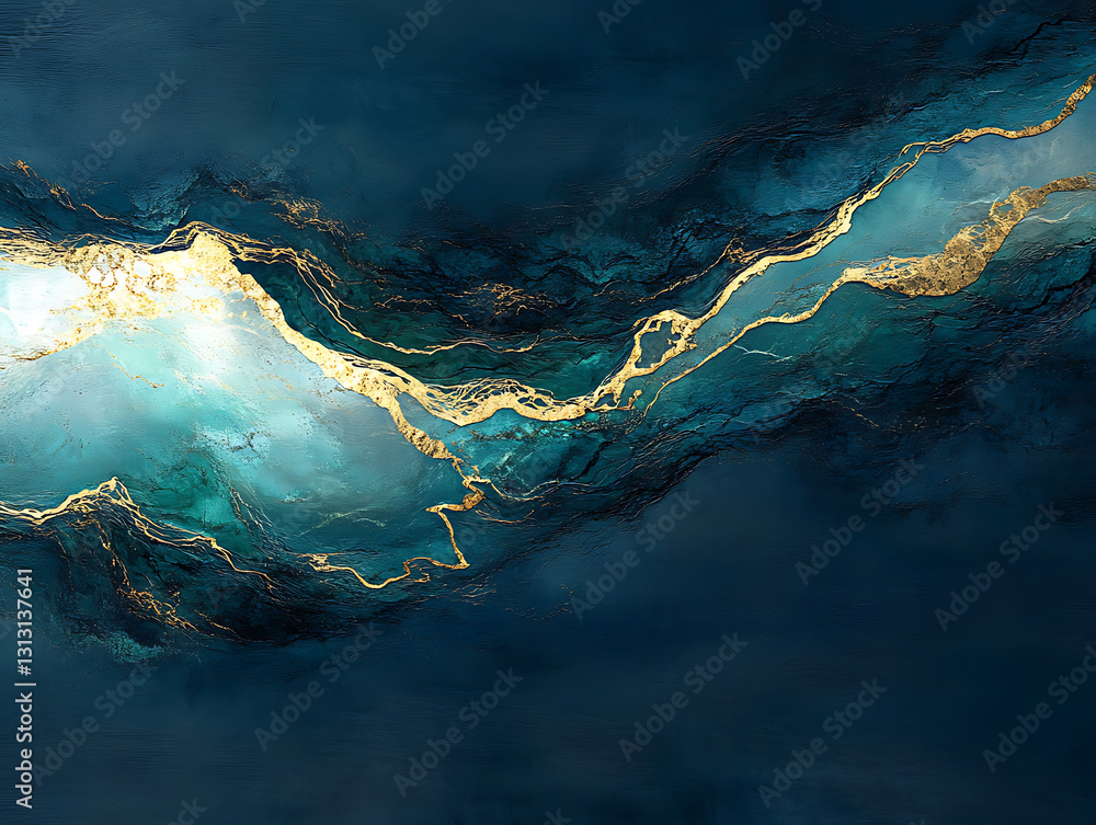 Aufkleber fluid abstract art displaying golden waves on dark blue background digital artwork gallery display c