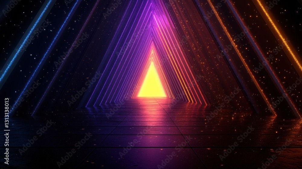 Poster a vibrant geometric tunnel with neon lights leading to a bright triangular exit