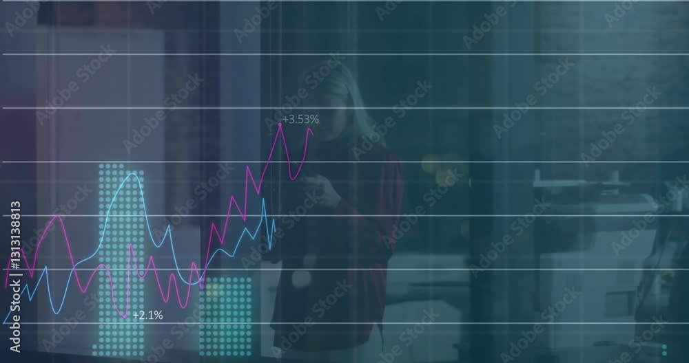 Poster in office, person using smartphone with financial graphs and data animation