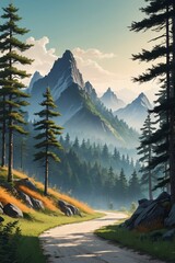 Obraz premium a painting of a road in the mountains