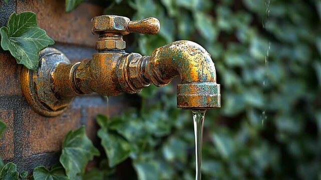 Rusty outdoor faucet dripping water on brick wall with ivy