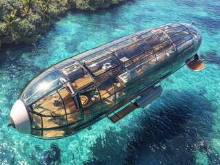 A glass-encased zeppelin-like vessel floats above the turquoise water, blending nature with innovative design, providing unparalleled views.