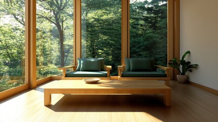 Fototapeta premium Serene Interior with a View: A tranquil, sun-drenched room features sleek wooden furniture and floor-to-ceiling windows framing a lush, green, exterior view.