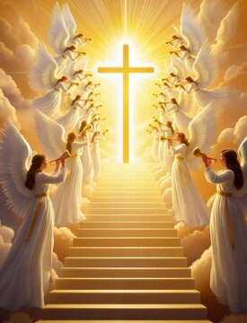 A divine scene with angels playing trumpets ascending a staircase toward a glowing cross in a heavenly atmosphere.

