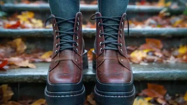 Person wearing plaid boots on wet autumn leaves-covered steps