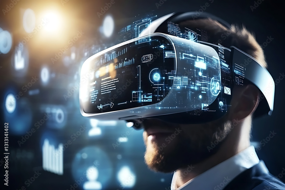 Poster exploring virtual reality technology modern office digital content high-tech environment close-up vi