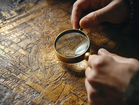 Close-up on a person using a magnifying glass to examine an antique map or intricate artwork etched in gold or brass, revealing hidden details.