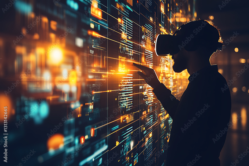 Poster virtual reality experience futuristic environment digital interaction tech showcase immersive perspe