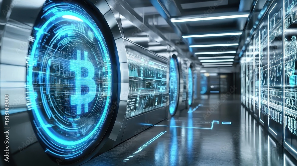 Poster bitcoin mining operations in high-tech facility digital data center futuristic environment wide angl