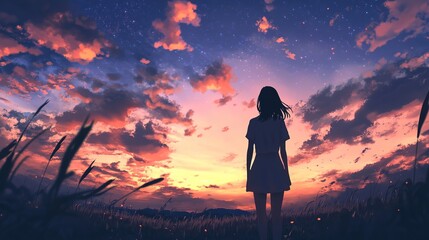 Obraz premium Silhouette of a Woman Against the Twilight Sky, Capturing the Serenity and Beauty of Dusk