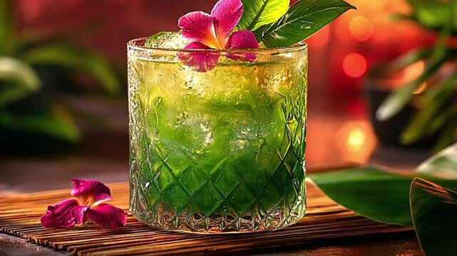 Tropical green cocktail, vibrant drink, orchid garnish, warm lighting, decorative setting, for bar, restaurant menus, or cocktails promotional use