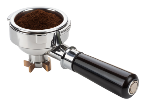 Espresso machine portafilter loaded with fresh ground coffee kitchen product shot close-up, isolated on white or transparent background