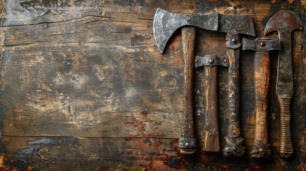 A rustic arrangement of various hand tools on a weathered wooden surface, showcasing craftsmanship.