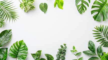 Obraz premium Vibrant Green Tropical Leaves Frame on White Background