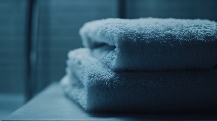Soft, stacked towels in a serene bathroom setting with a calming blue ambiance