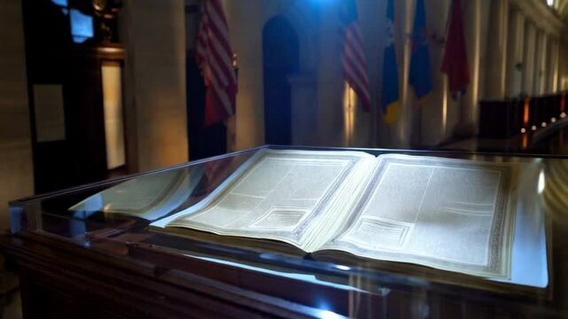 Artistic rendering, an ornate constitution displayed in a glass case, with a national flag draped in the background, dramatic spotlight emphasizing the text