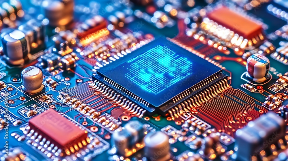Poster closeup view of microchip on circuit board