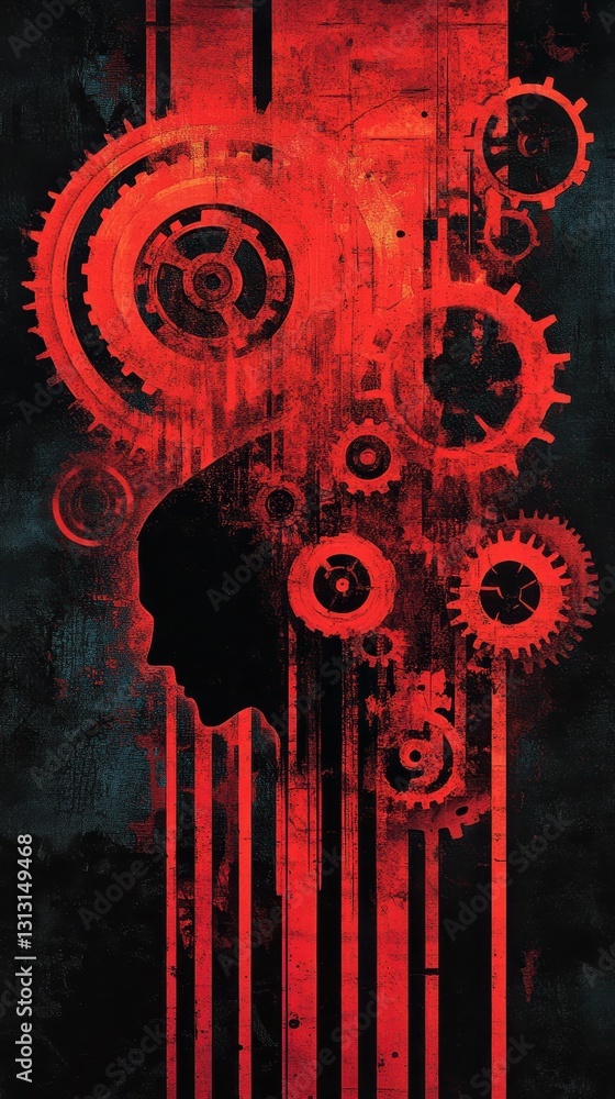 Poster an abstract artistic representation of gears connected with a profile