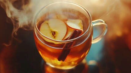Warm Spiced Apple Tea in a Glass Mug with Cinnamon and Apple Slices