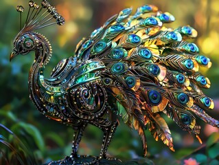 Obraz premium Ornate metallic bird with elaborate feather designs. A jewel-toned sculpture stands out against a natural setting. Decorative metalwork, artful.