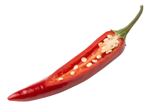 Slicing a red chili pepper kitchen food photography culinary environment close-up view, isolated on white or transparent background