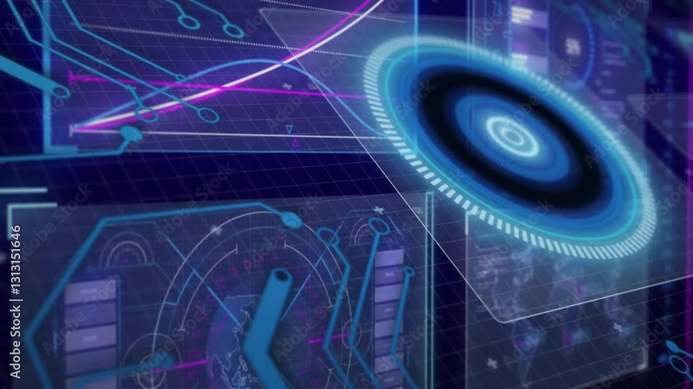 Poster glowing graphs and circular data animation in futuristic digital interface design