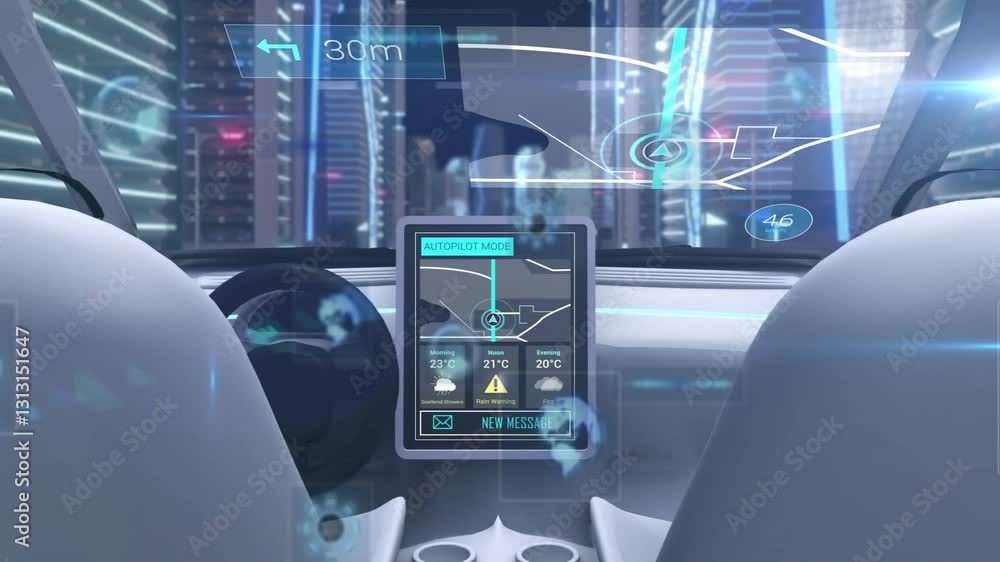 Poster in car, digital navigation interface displaying animation of autopilot mode interior
