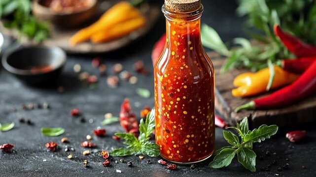 Spicy chili sauce in glass bottle on dark background