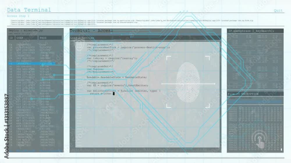 Poster Fingerprint scanning animation with code on digital interface terminal screen