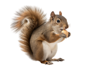 Squirrel holding half eaten nut in nature animal close-up outdoor setting playful mood, isolated on white or transparent background