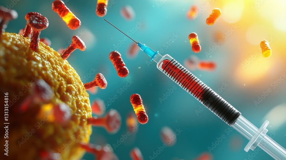 Poster gene editing concept. vaccine syringe targeting a virus with red particles in a colorful background.