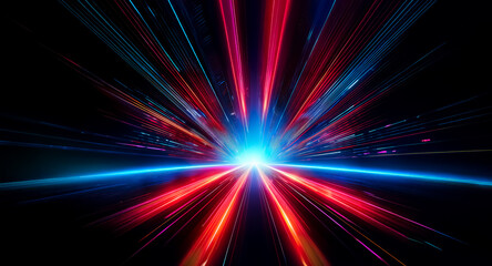 Dynamic streaks of vibrant red and blue light burst from a central point, creating an energetic and futuristic abstract design against a dark backdrop, suggesting speed and motion.
