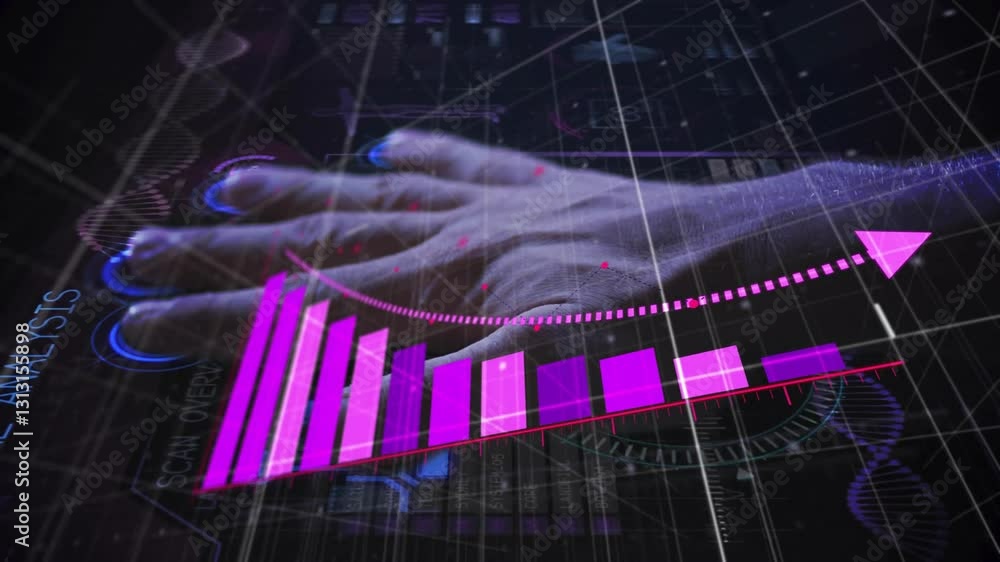 Aufkleber interacting with digital animation, hand exploring pink bar graphs and data analysis