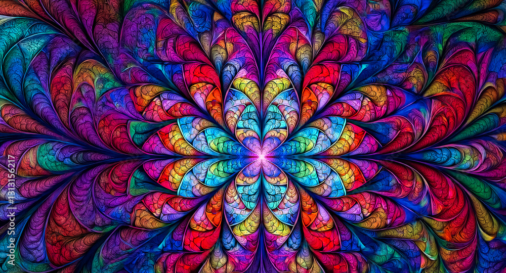 Poster a vibrant and intricate abstract fractal design with radiant colors emanating from the center. the a