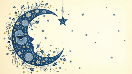 Decorative Crescent Moon and Star with Floral Accents for Ramadan 